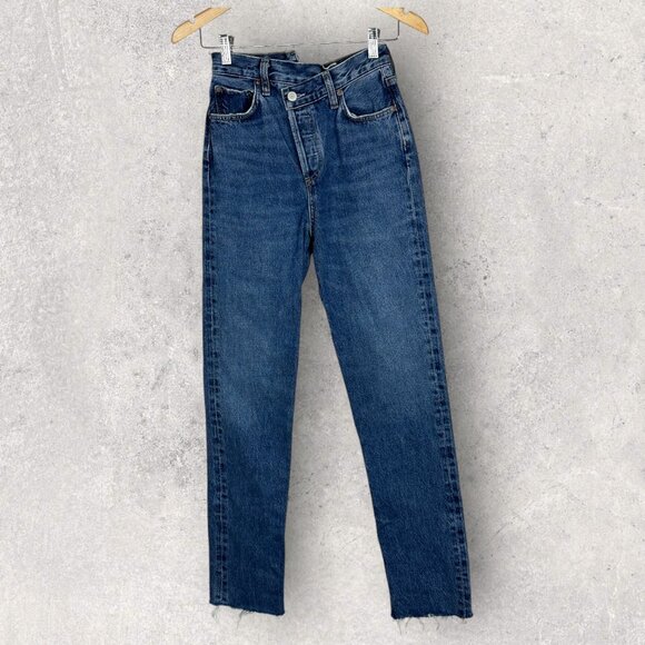 AGOLDE Criss Cross Straight Leg Organic Jeans Button Fly Womens Sz 22 Blue Denim - Picture 14 of 15